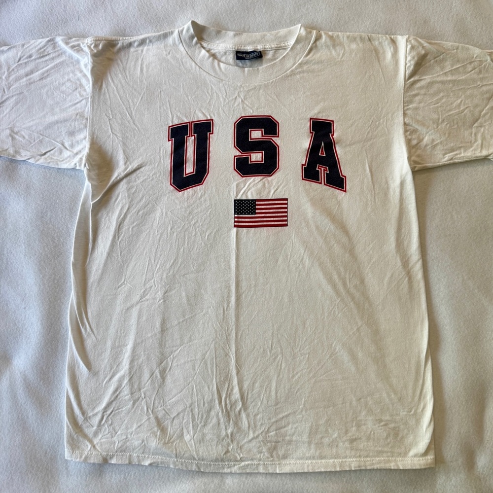 VTG Van Heusent T Shirt Men’s L White USA American Flag Tradition Single Stitch